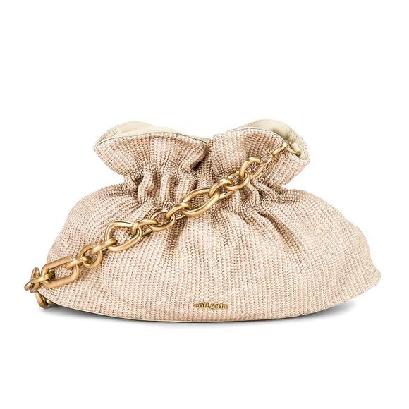 Cult Gaia Bara Shoulder Bag Cream Raffia Ruched Gold Chain Purse - Picture 4 of 16